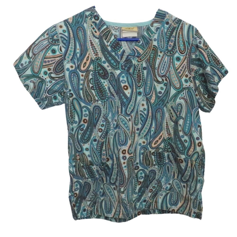 Tafford Scrub Top Women XS Green w/ Paisley And Flower Pattern & Pockets Medical